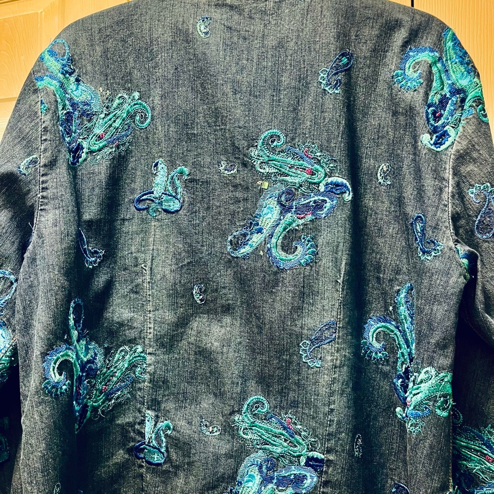 Chico's Dark Denim Jacket with Teal & Blue Embroidery - Picture 3 of 4